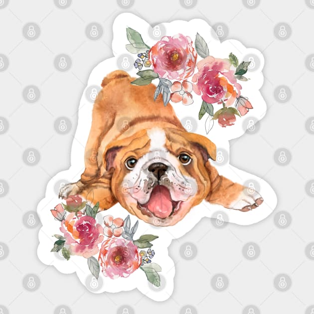 Cute English Bulldog Puppy Watercolor Art Sticker by AdrianaHolmesArt